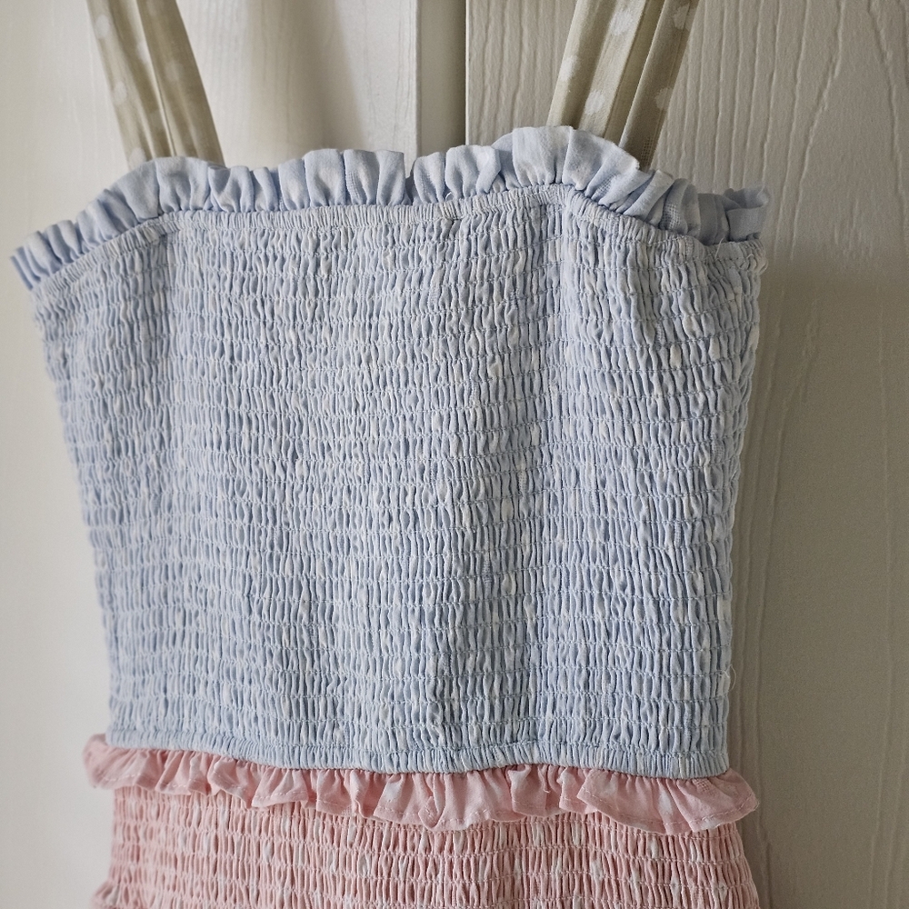 Storia Smocked Pastel Polka Dot Ruffle Spring Mini Dress Sz S - Picture 4 of 12